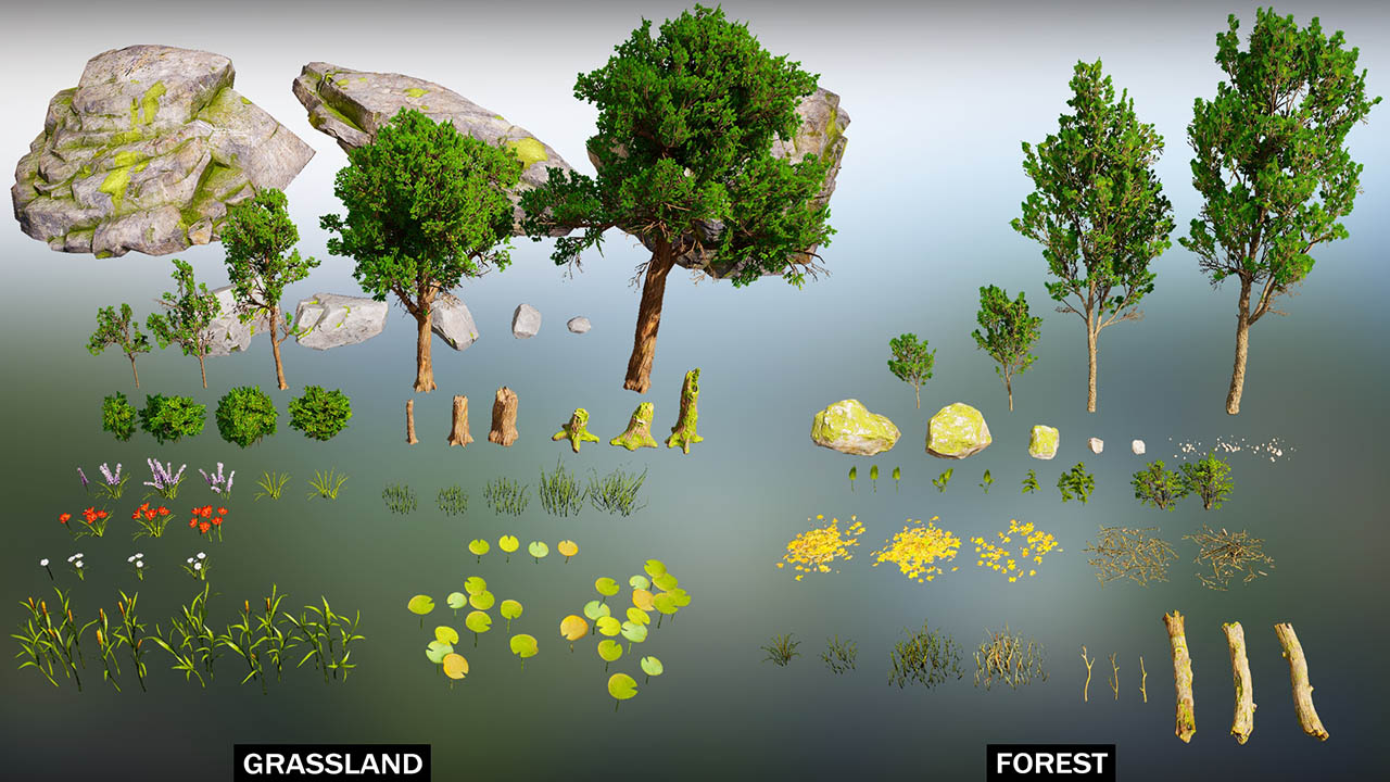 UE5游戏素材资源 自然植物场景 Unreal Engine 户外高山草地景观场景